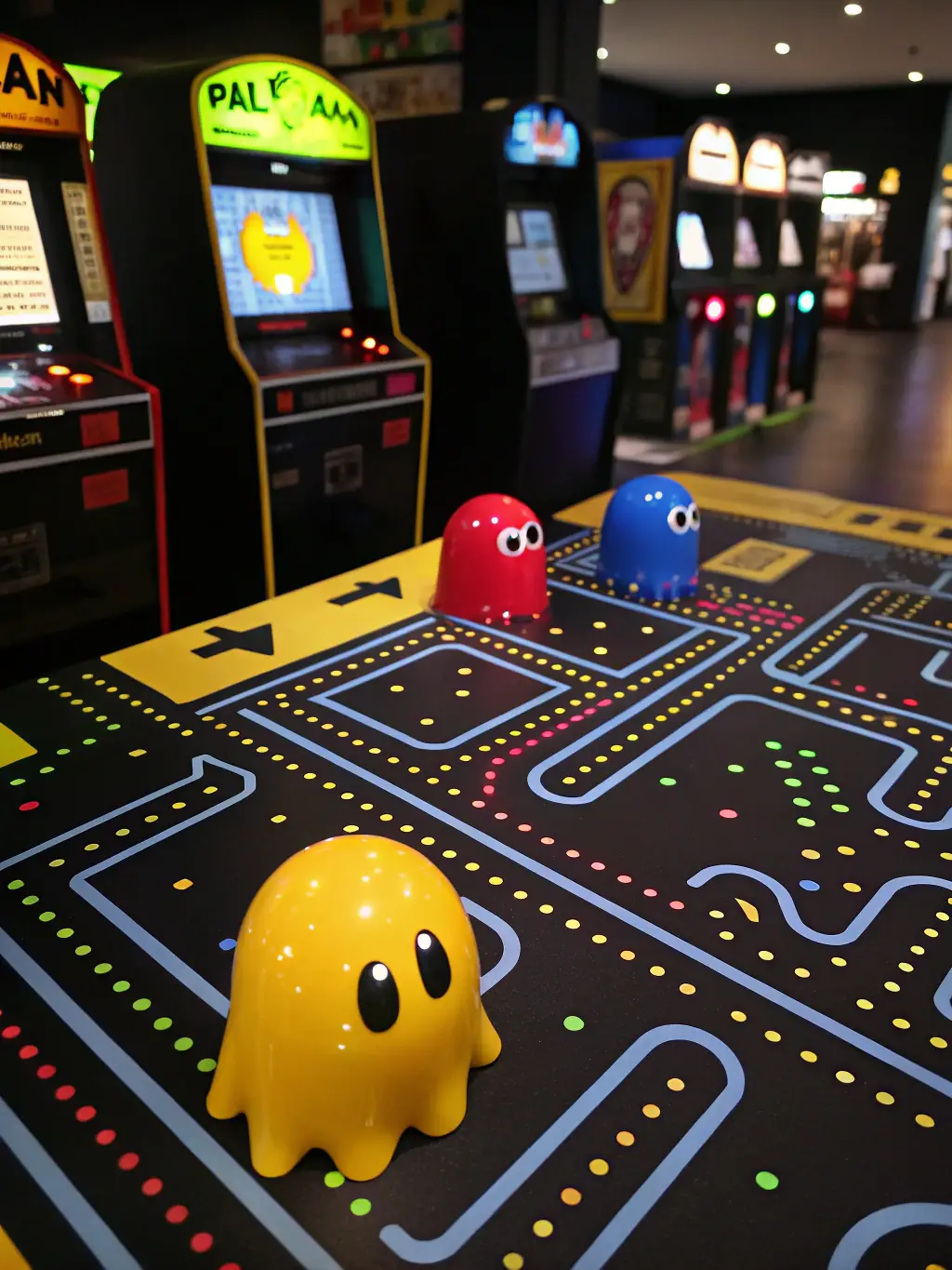 Screenshot of 'Pac-Man', an iconic arcade game, depicting Pac-Man chasing ghosts in a maze filled with pellets.